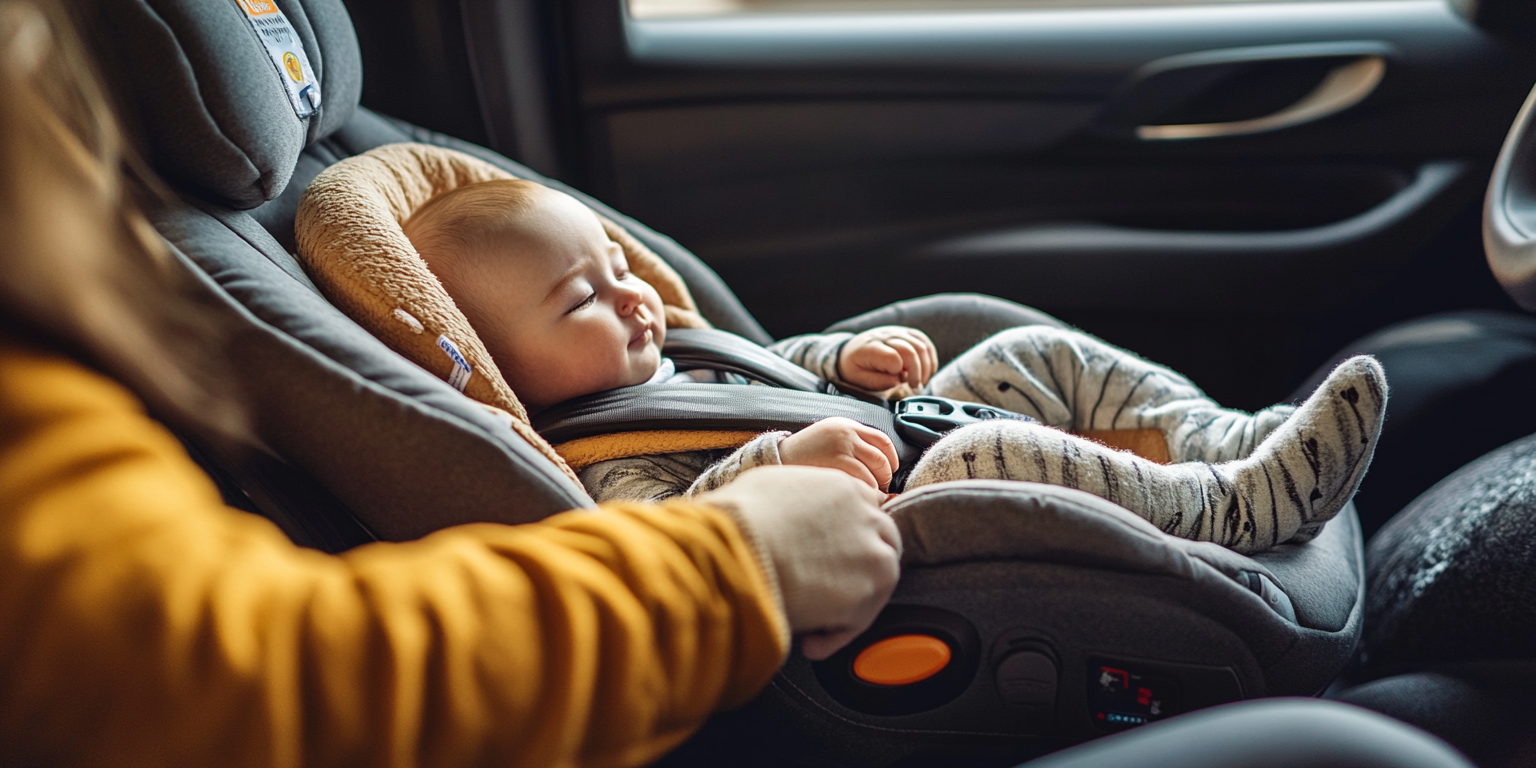 Baby harnessed rear-facing; chest clip at armpit level; recline indicator level